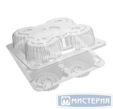 Упаковка квадрат внеш. 186х186х72мм, внутр. 4 секции d-75мм h-58мм на 4 пирожных, прозрачная, ОПС ИП-1А