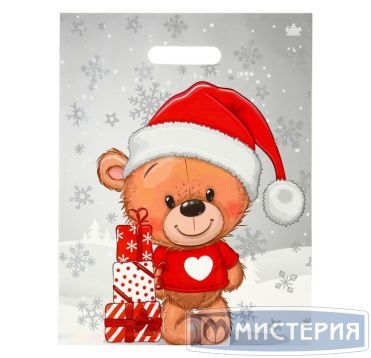 Пакет 310х400 мм, 60 мкм с проруб. ручками, диз. "Мишка с подарками", ПВД, 50 шт/упак "Тикопластик" 500 шт/кор РОССИЯ н00245465