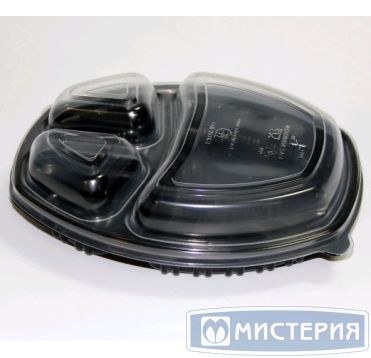 Контейнер 800[500+2х150] мл 3-секц., овал 257х202х37 мм, без крышки, черн., ПП, 35 шт/упак "ПолиЭр" 70 шт/кор РОССИЯ К-257-3 черн